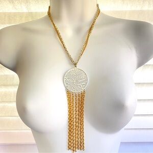 Vintage White Enamel Goldtone Chain Dangle Fringe Necklace